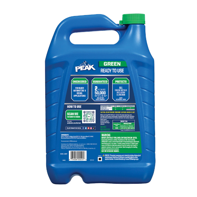 Back view of PEAK® Antifreeze, showing label details and instructions.