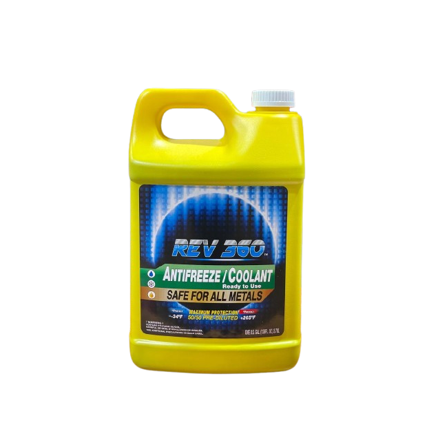 Front view of the REV 360 Ready to Use Antifreeze + Coolant, 1 Gallon, Yellow bottle