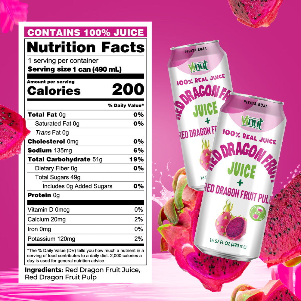 Vinut 100% Red Dragon Fruit Juice + Pulp – Pack of 12 Cans (16.57 fl oz)