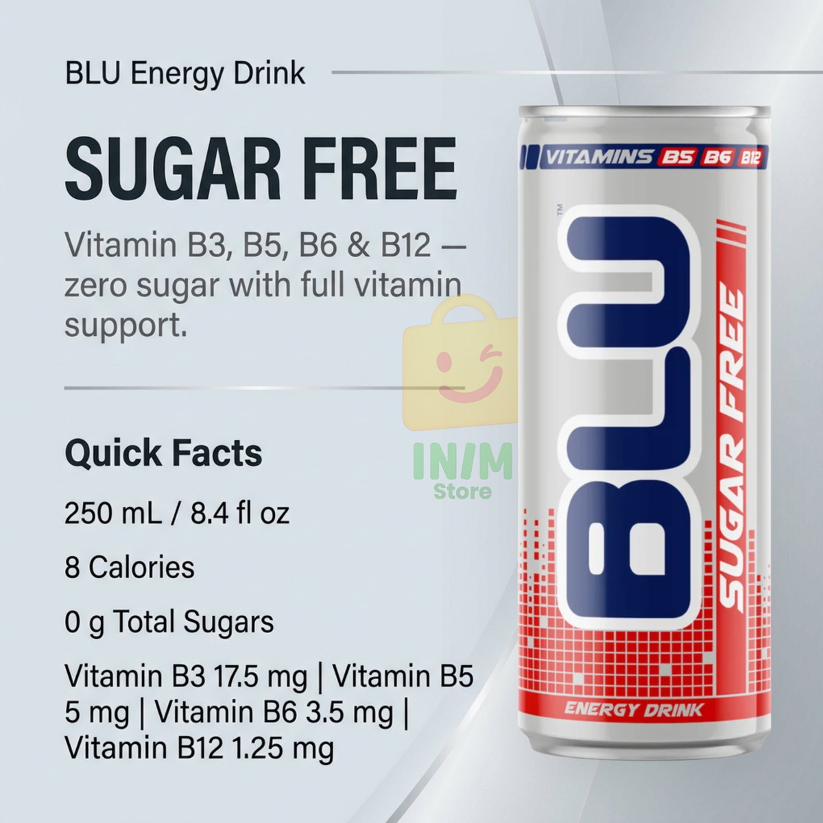 BLU Sugar Free Energy Drink – 12 Pack, 8.4 fl oz (250 mL) Slim Cans