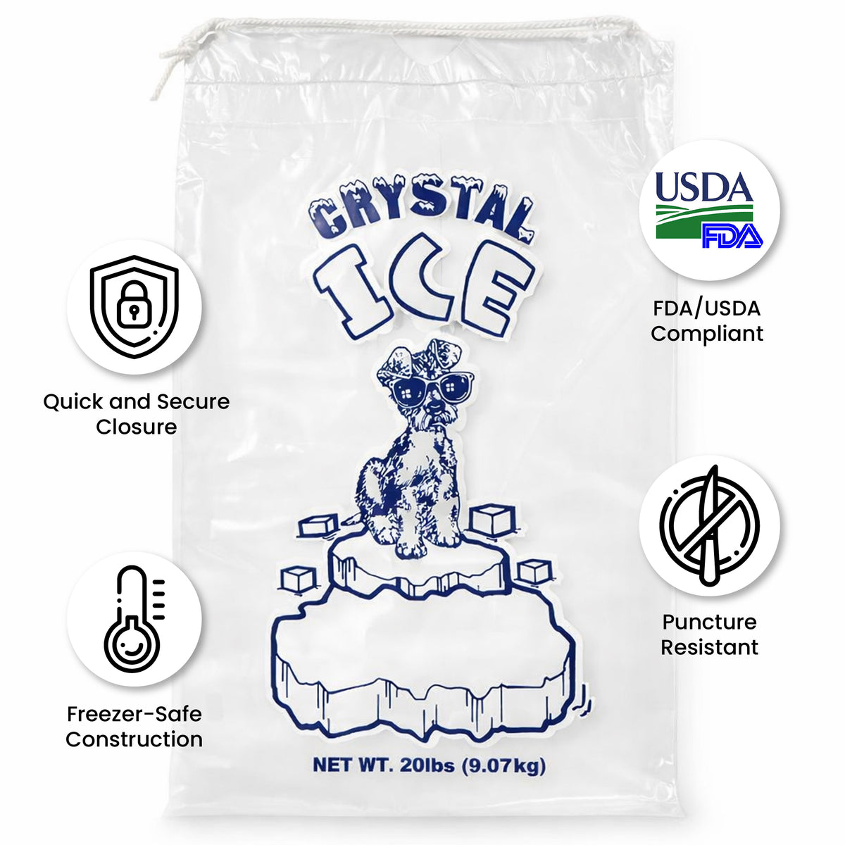 20 lbs Crystal Drawstring Ice Bags - 100 Count per Case