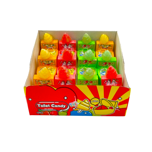 Kids Boom Toilet Candy - 12-Pack Sour Lollipops with Powder in Fun Toilet-Shaped Containers