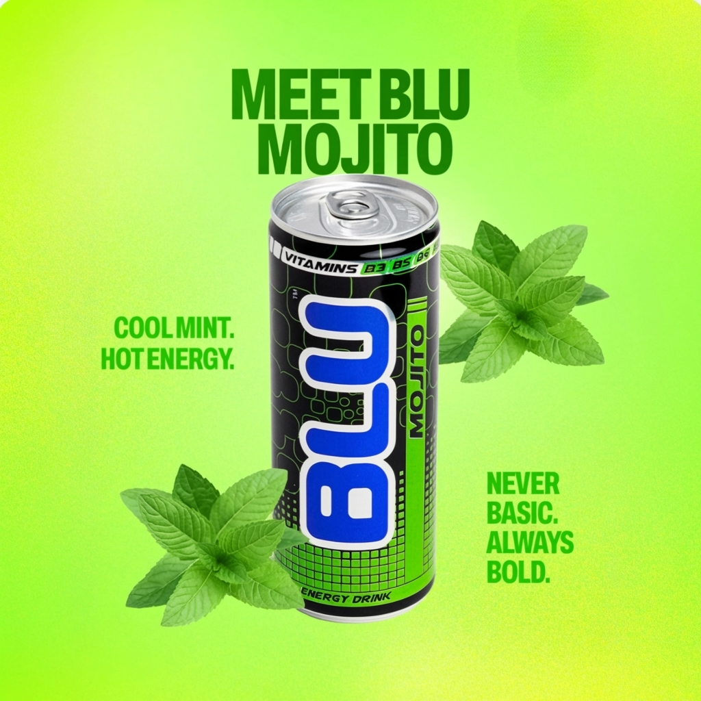 BLU Mojito Energy Drink – 12 Pack, 8.4 fl oz (250 mL) Slim Cans