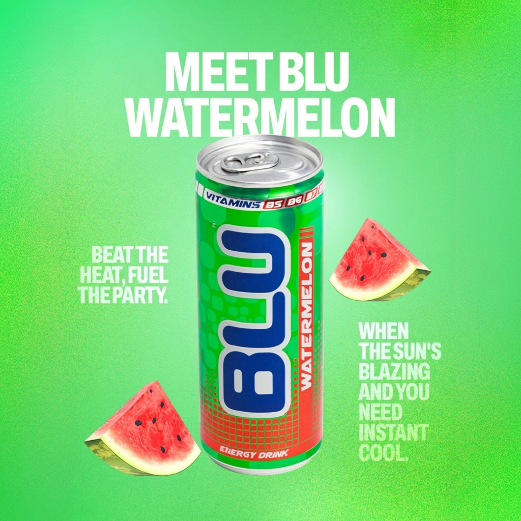 BLU Watermelon Energy Drink – 12 Pack, 8.4 fl oz (250 mL) Slim Cans