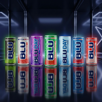 BLU Variety Pack Energy Drink – 14 Slim Cans, 7 Flavors, 2 Cans of Each, 8.4 fl oz (250 mL)