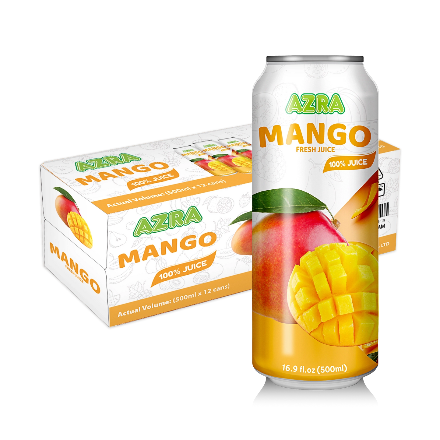 AZRA Mango Juice 12 pack 500ml cans 100% tropical juice imported from Vietnam case packaging