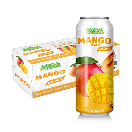 AZRA Mango Juice 12 pack 500ml cans 100% tropical juice imported from Vietnam case packaging