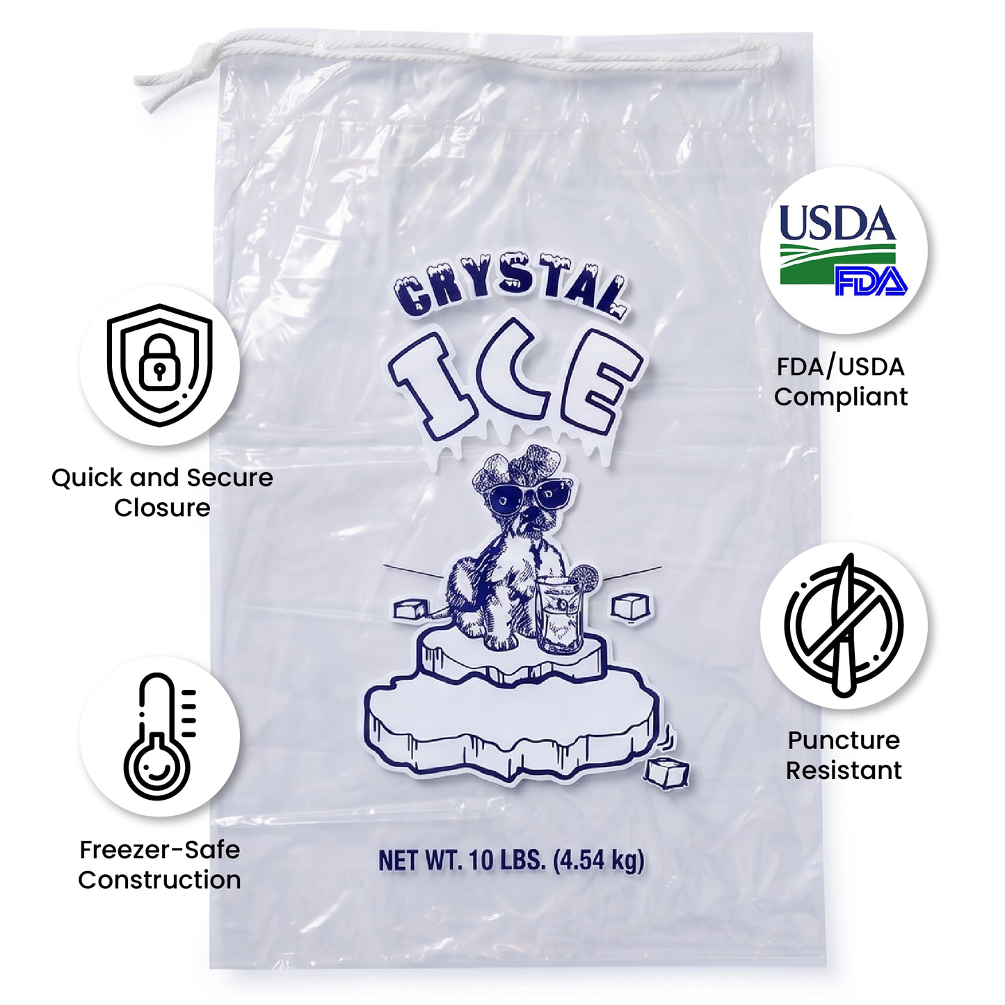 10 lbs Crystal Drawstring Ice Bags - 100 Count per Case