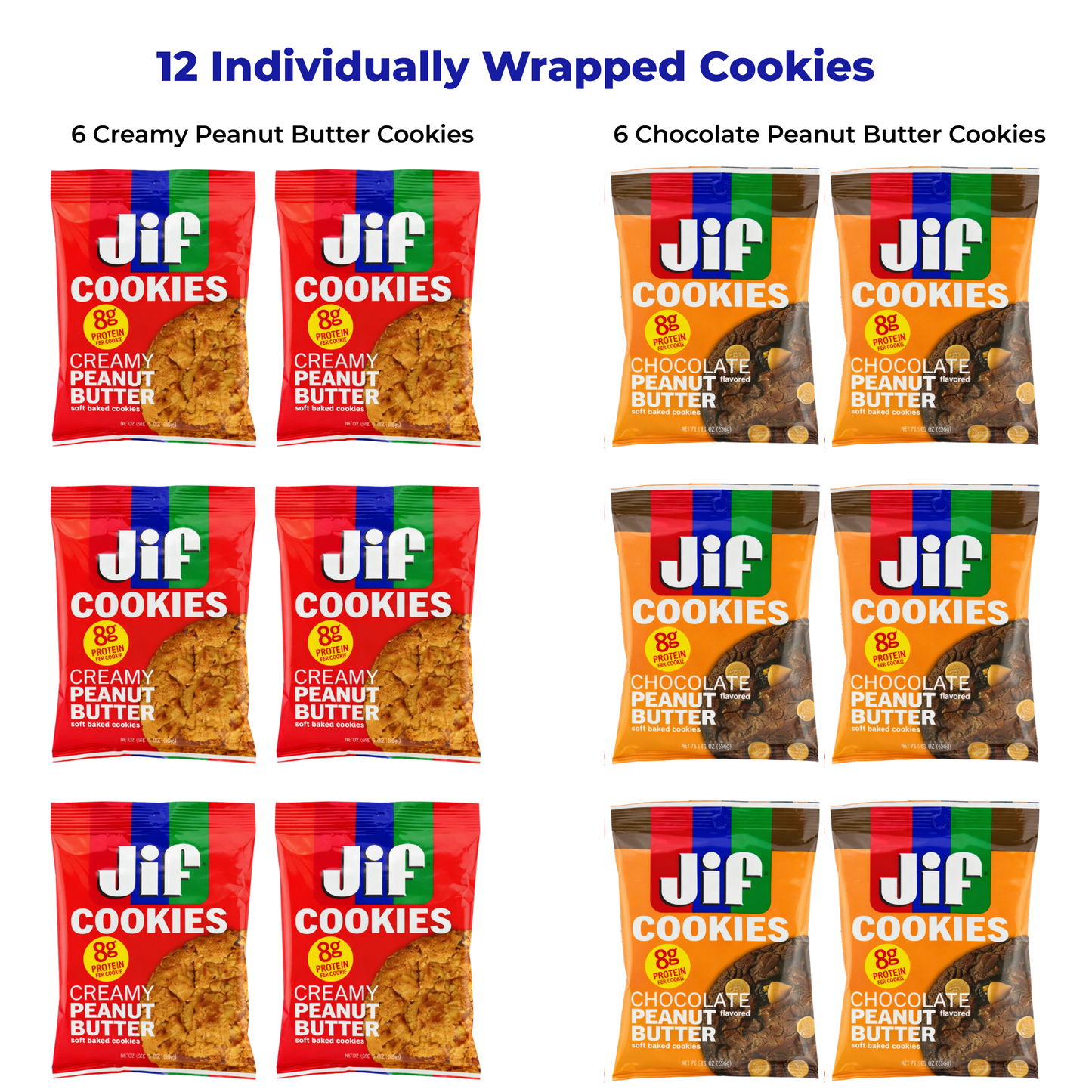 Jif Cookies Variety Pack – Creamy Peanut Butter & Chocolate Peanut Butter Flavored Soft Baked Cookies, 12 Individually Wrapped Cookies