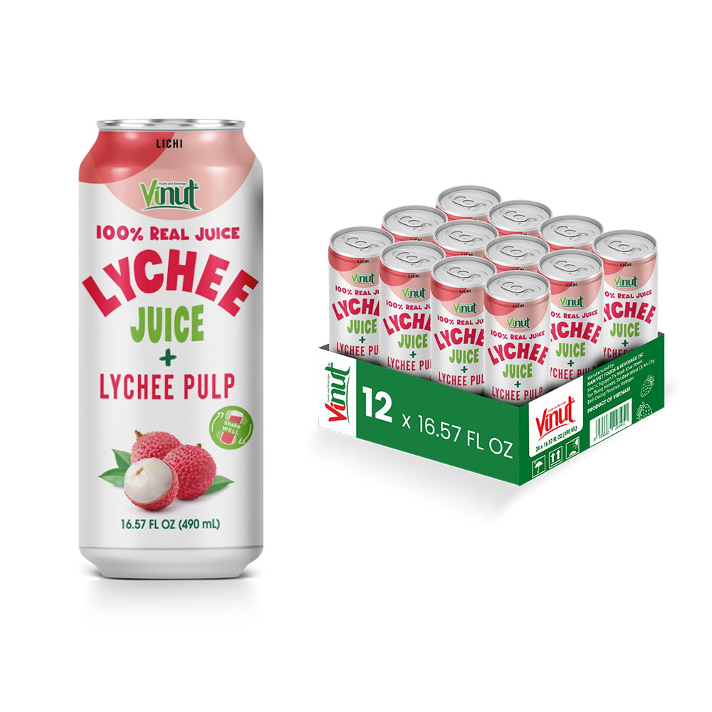Vinut 100% Real Lychee Juice + Lychee Pulp – Pack of 12 Cans (16.57 fl oz)