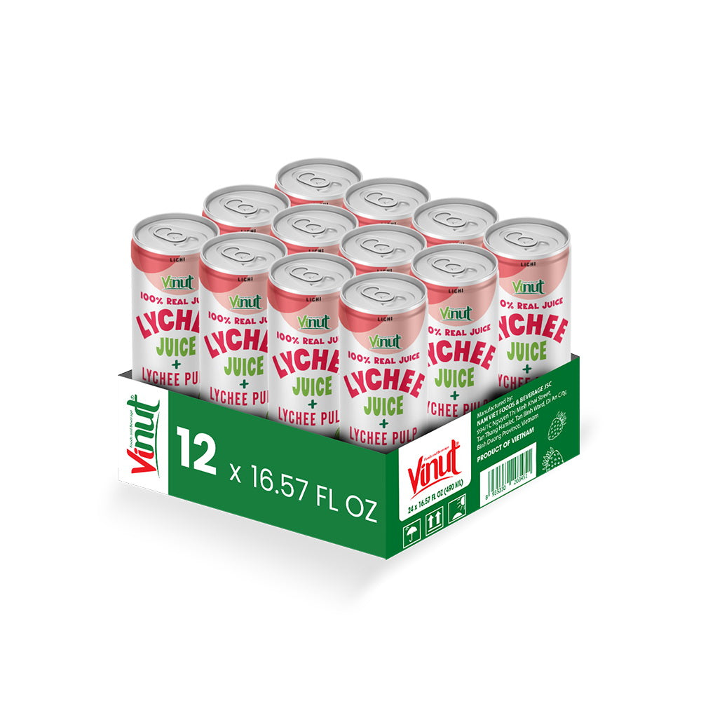 Vinut 100% Real Lychee Juice + Lychee Pulp – Pack of 12 Cans (16.57 fl oz)