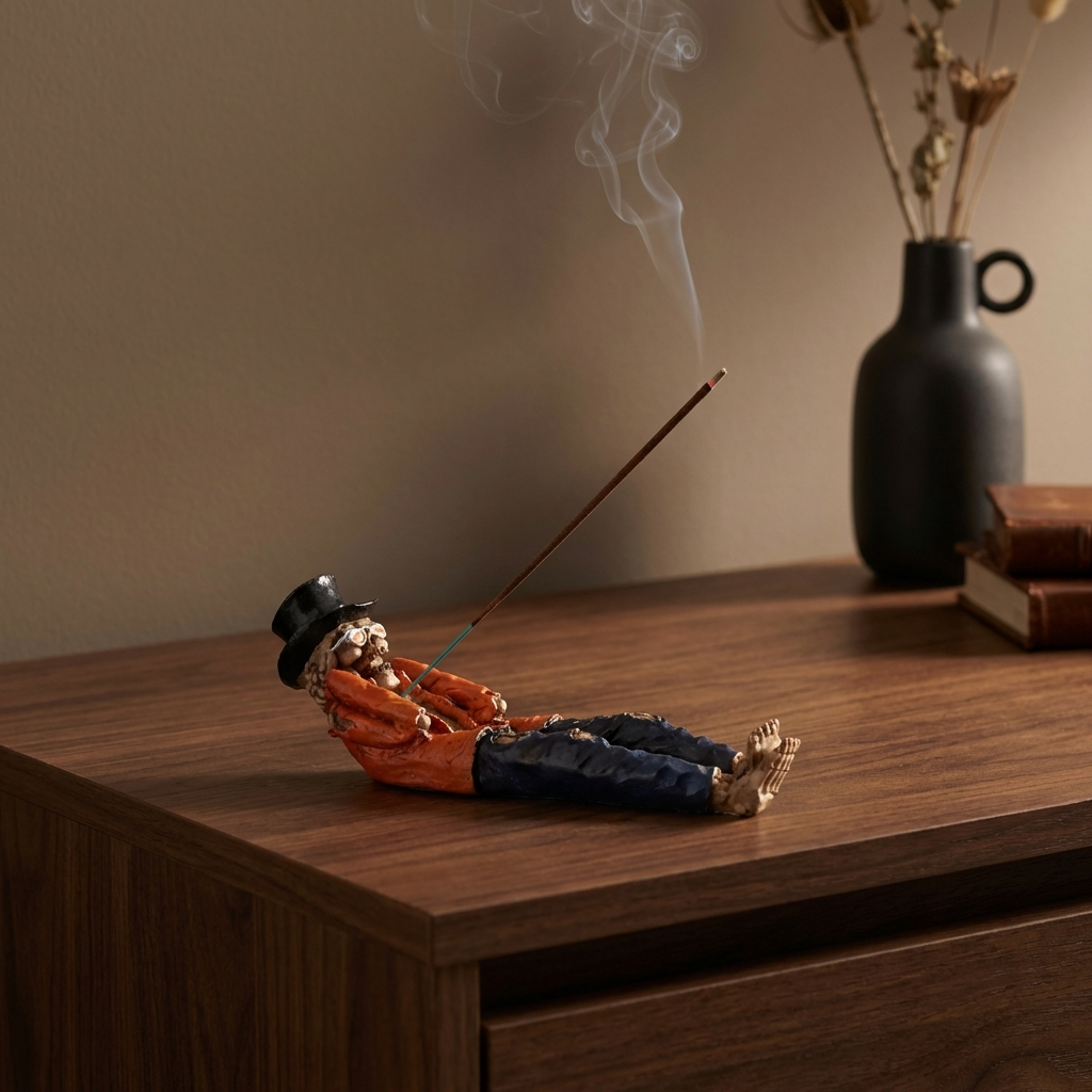 INIM Store Reclining Skeleton Stick Incense Holder, Multicolor Resin Gothic Tabletop Decor, Heat Resistant, 11 x 2.5 x 3 in, Includes 1 Holder + 1 Incense Stick