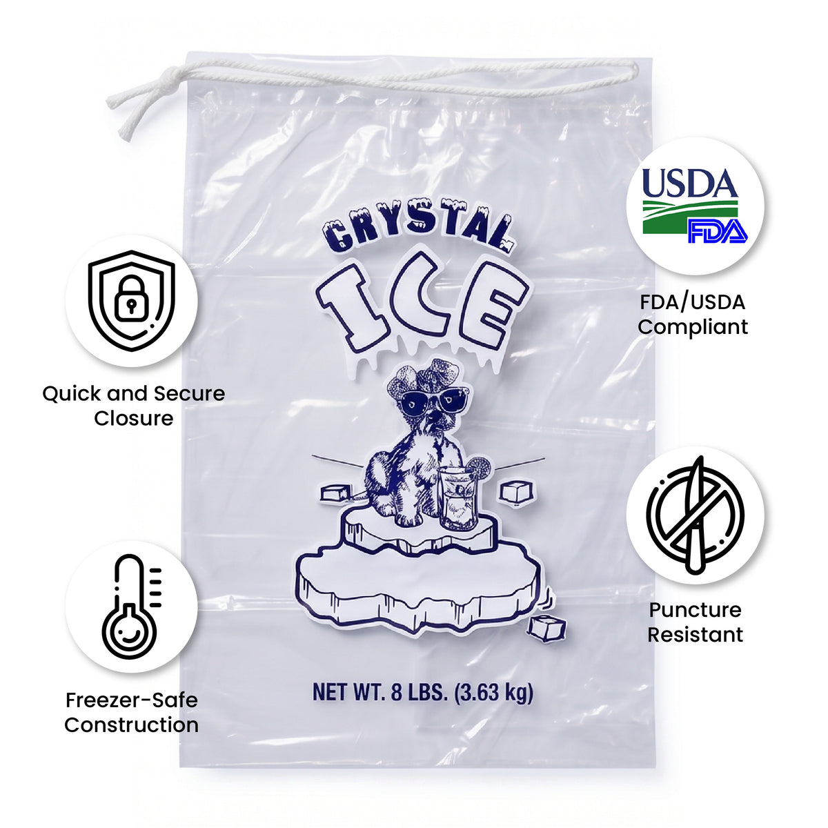 8 lbs Crystal Drawstring Ice Bags - 100 Count per Case