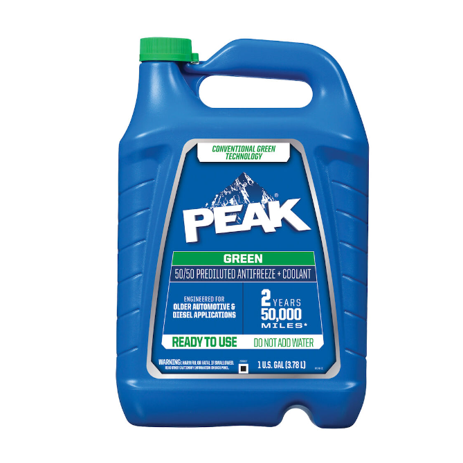 Front view of PEAK® Conventional 50/50 Ready Use Antifreeze + Coolant – Green, 1 Gallon.
