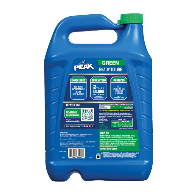 Back view of PEAK® Antifreeze, showing label details and instructions.
