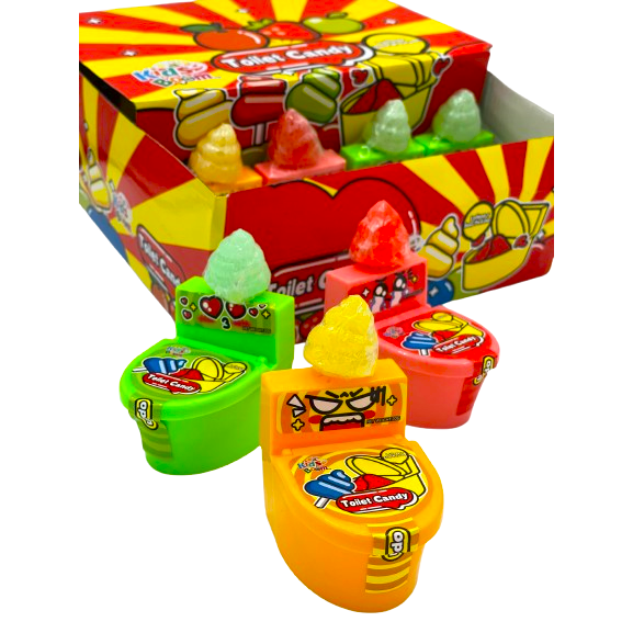 Kids Boom Toilet Candy - 12-Pack Sour Lollipops with Powder in Fun Toilet-Shaped Containers