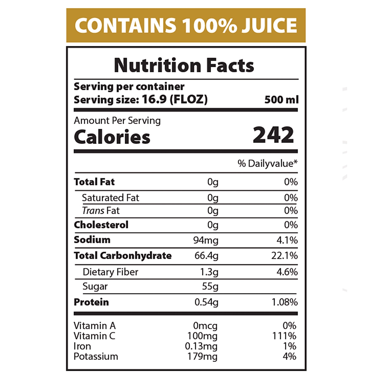 AZRA Banana Juice nutrition facts label