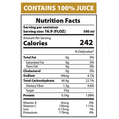 AZRA Banana Juice nutrition facts label