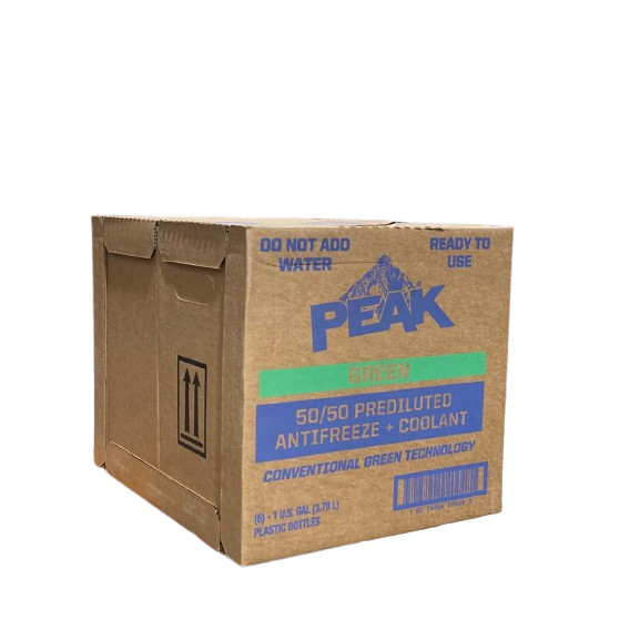 Front view of PEAK® Conventional 50/50 Ready Use Antifreeze + Coolant, bulk box containing 6 gallons.
