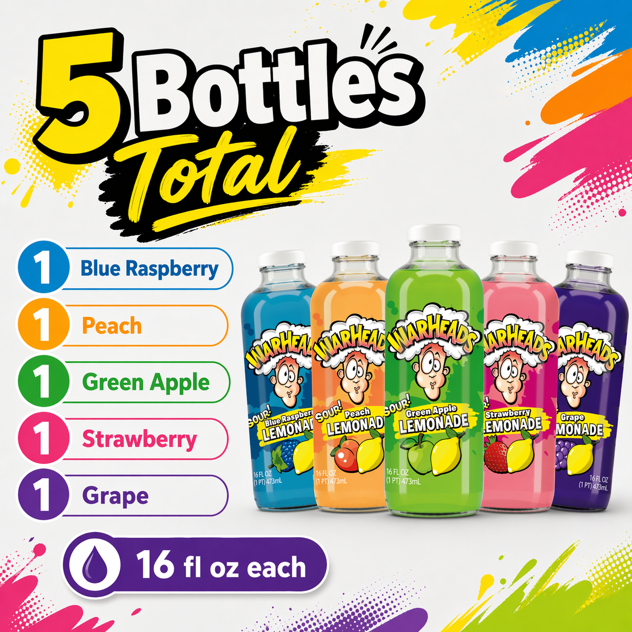 Warheads Sour Lemonade Variety Pack, 5 Bottles, 16 fl oz Each, Assorted Flavored Lemonade Drink, Blue Raspberry, Green Apple, Grape, Peach & Strawberry