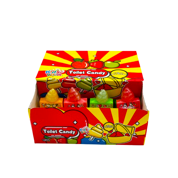 Colorful toilet-shaped candy containers with lollipops and powder
