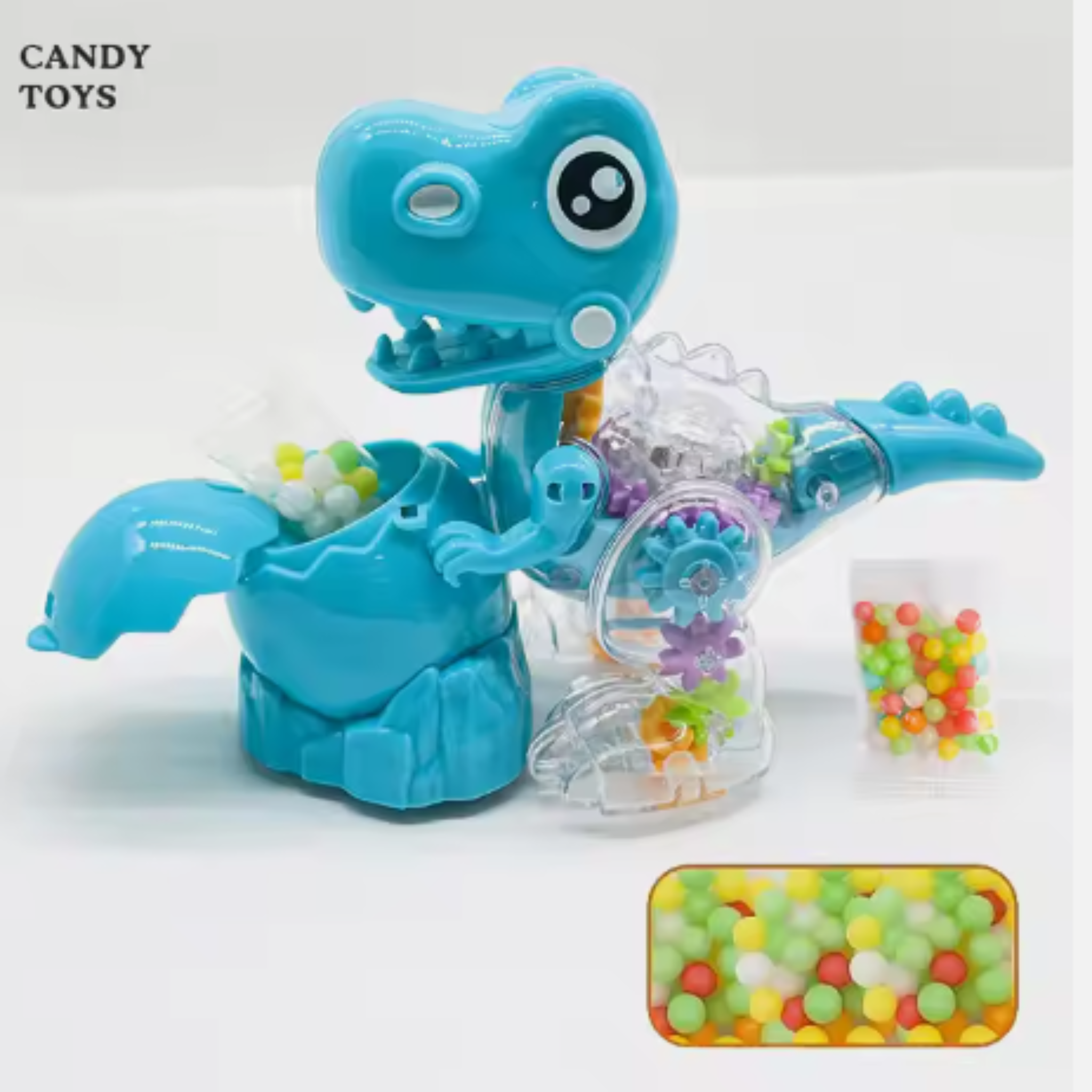 Packaging of Flash Dinosaur Toy Set with Bright Colors and Candy Inside