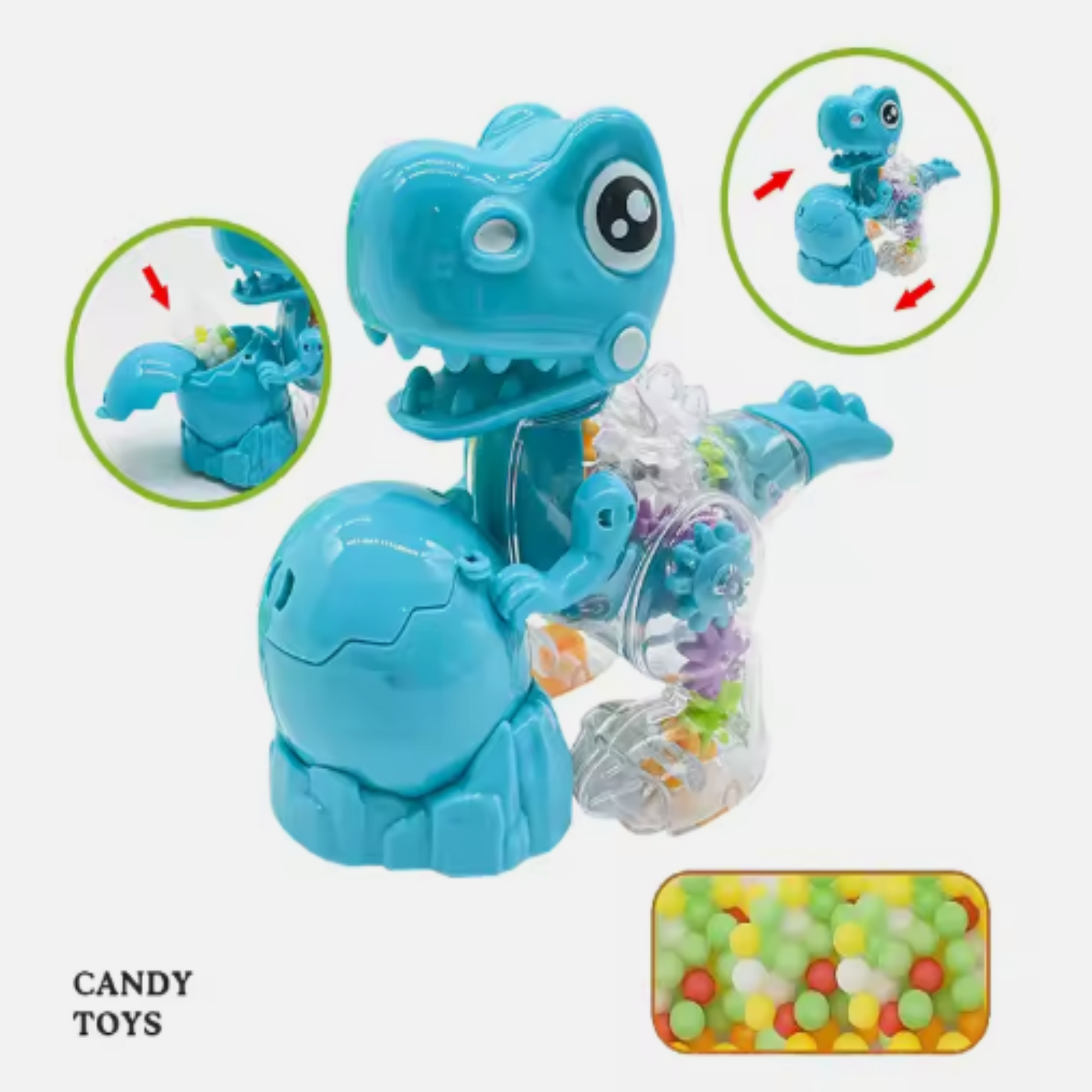 Packaging of Flash Dinosaur Toy Set with Bright Colors and Candy Inside