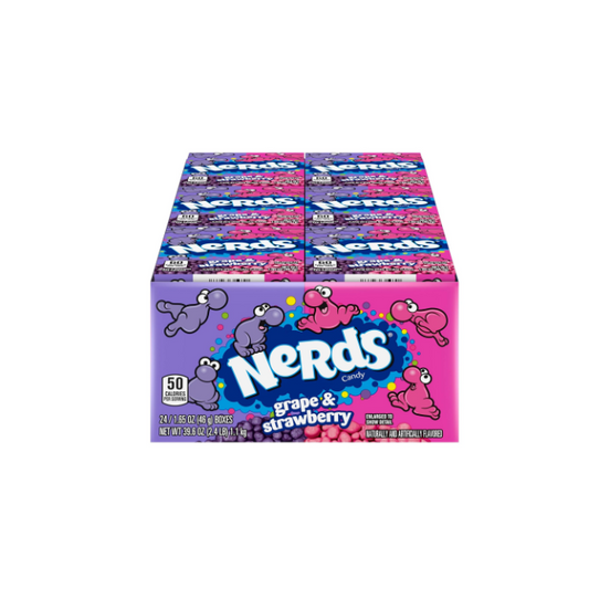 Nerds Candy Grape & Strawberry 24-Pack Box with vibrant packaging.