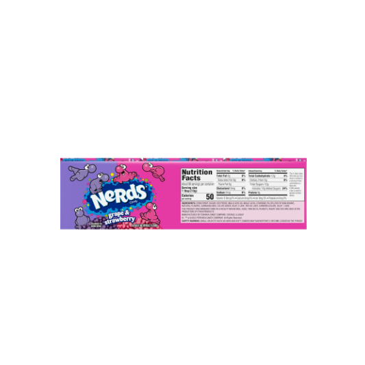 Close-up of the Nerds candy nutrition facts and ingredients
