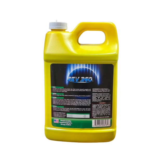 Back label view of REV 360 Antifreeze with safety and usage instructions
