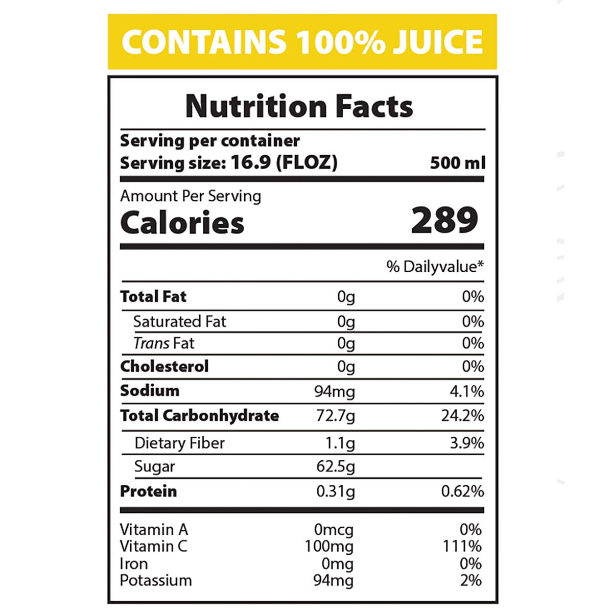 AZRA Mango Juice nutrition facts 500ml can 289 calories 100 percent juice