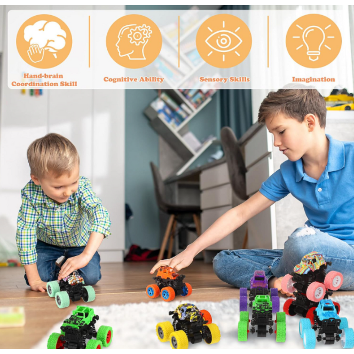Vibrating Monster Trucks in the 9-piece Toy Set with Candy