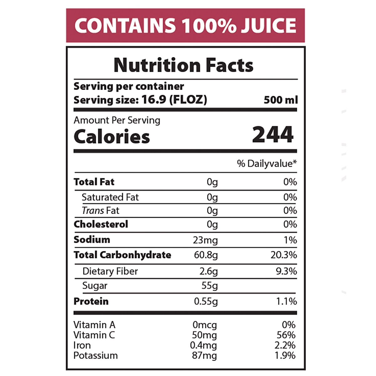 Passion Fruit Juice nutrition facts panel 500ml serving