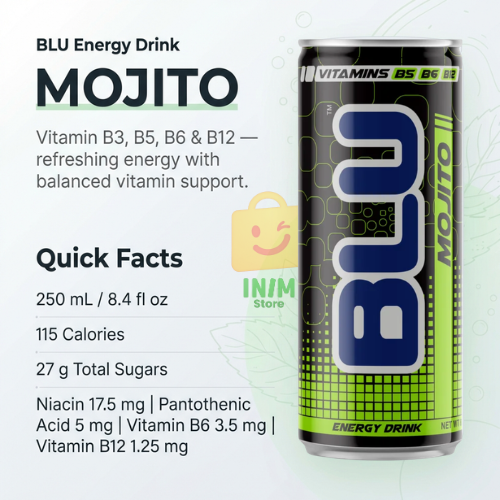 BLU Variety Pack Energy Drink – 14 Slim Cans, 7 Flavors, 2 Cans of Each, 8.4 fl oz (250 mL)