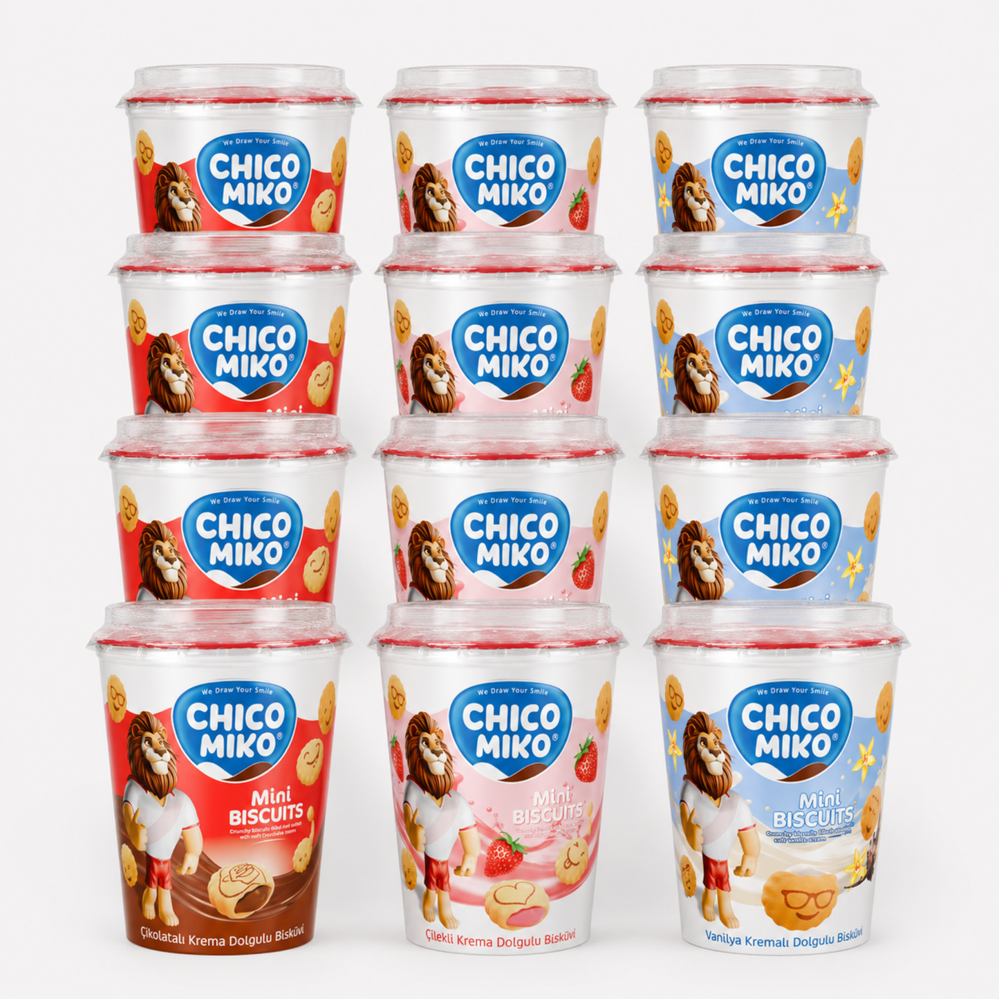Chico Miko Mini Biscuits Variety Pack – 12 Cups, Chocolate, Strawberry & Vanilla – By INIM Store
