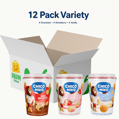 Chico Miko Mini Biscuits Variety Pack – 12 Cups, Chocolate, Strawberry & Vanilla – By INIM Store
