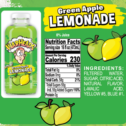 Warheads Sour Lemonade Variety Pack, 5 Bottles, 16 fl oz Each, Assorted Flavored Lemonade Drink, Blue Raspberry, Green Apple, Grape, Peach & Strawberry