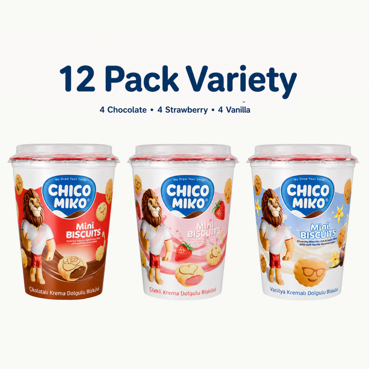 Chico Miko Mini Biscuits Variety Pack – 12 Cups, Chocolate, Strawberry & Vanilla – By INIM Store