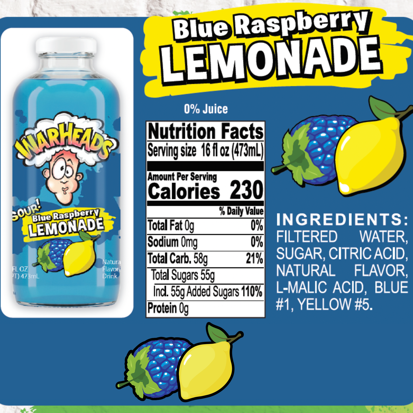 Warheads Sour Lemonade Variety Pack, 5 Bottles, 16 fl oz Each, Assorted Flavored Lemonade Drink, Blue Raspberry, Green Apple, Grape, Peach & Strawberry