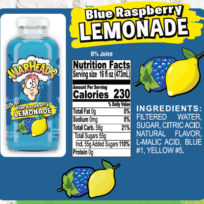 Warheads Sour Lemonade Variety Pack, 5 Bottles, 16 fl oz Each, Assorted Flavored Lemonade Drink, Blue Raspberry, Green Apple, Grape, Peach & Strawberry