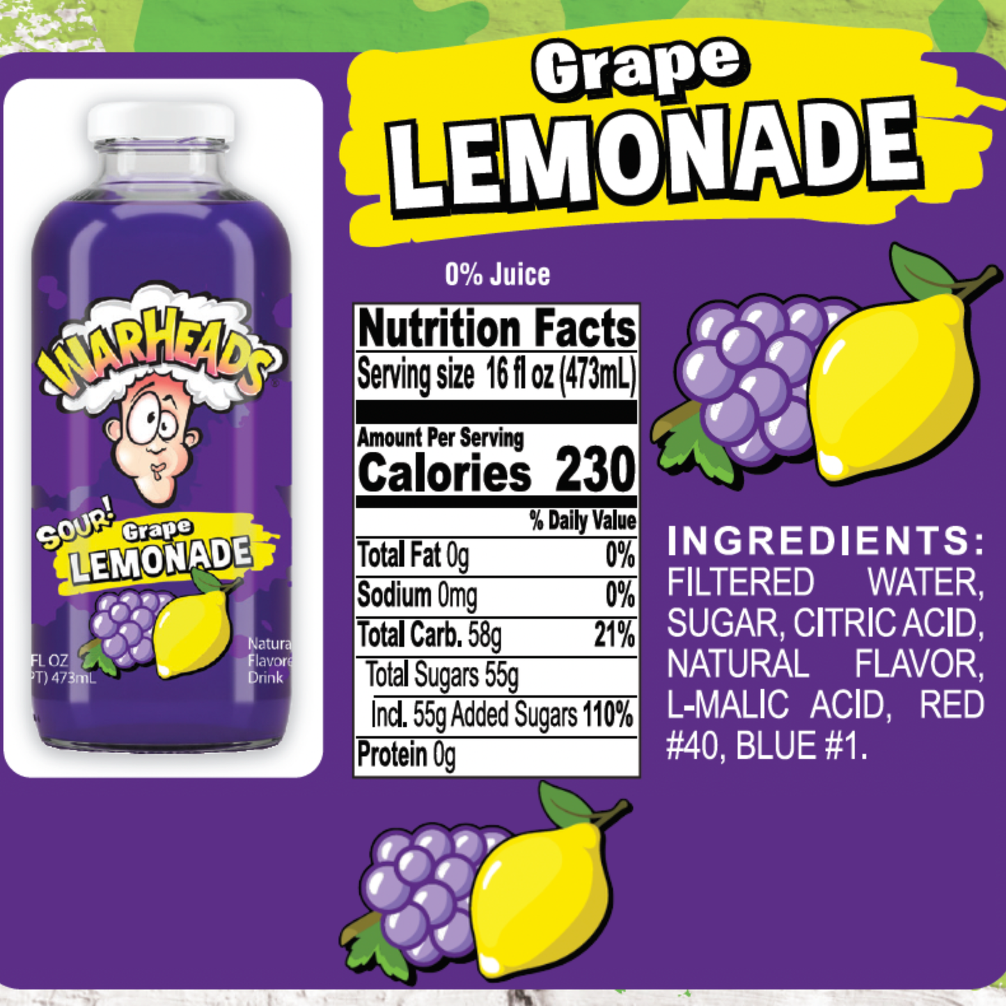 Warheads Sour Lemonade Variety Pack, 5 Bottles, 16 fl oz Each, Assorted Flavored Lemonade Drink, Blue Raspberry, Green Apple, Grape, Peach & Strawberry