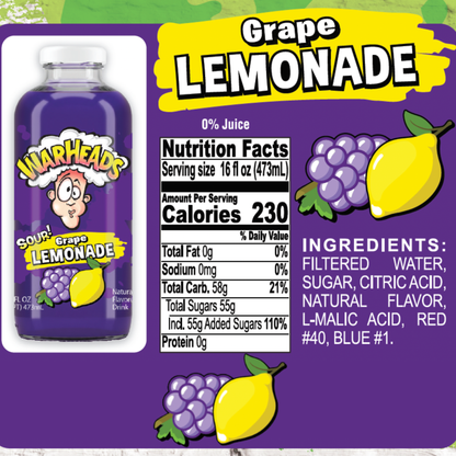 Warheads Sour Lemonade Variety Pack, 5 Bottles, 16 fl oz Each, Assorted Flavored Lemonade Drink, Blue Raspberry, Green Apple, Grape, Peach & Strawberry
