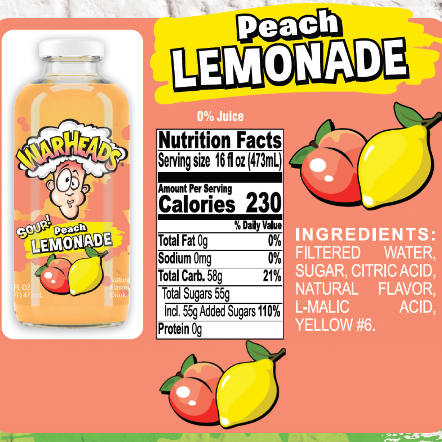 Warheads Sour Lemonade Variety Pack, 5 Bottles, 16 fl oz Each, Assorted Flavored Lemonade Drink, Blue Raspberry, Green Apple, Grape, Peach & Strawberry