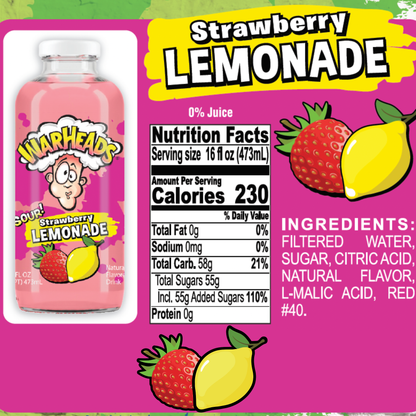 Warheads Sour Lemonade Variety Pack, 5 Bottles, 16 fl oz Each, Assorted Flavored Lemonade Drink, Blue Raspberry, Green Apple, Grape, Peach & Strawberry