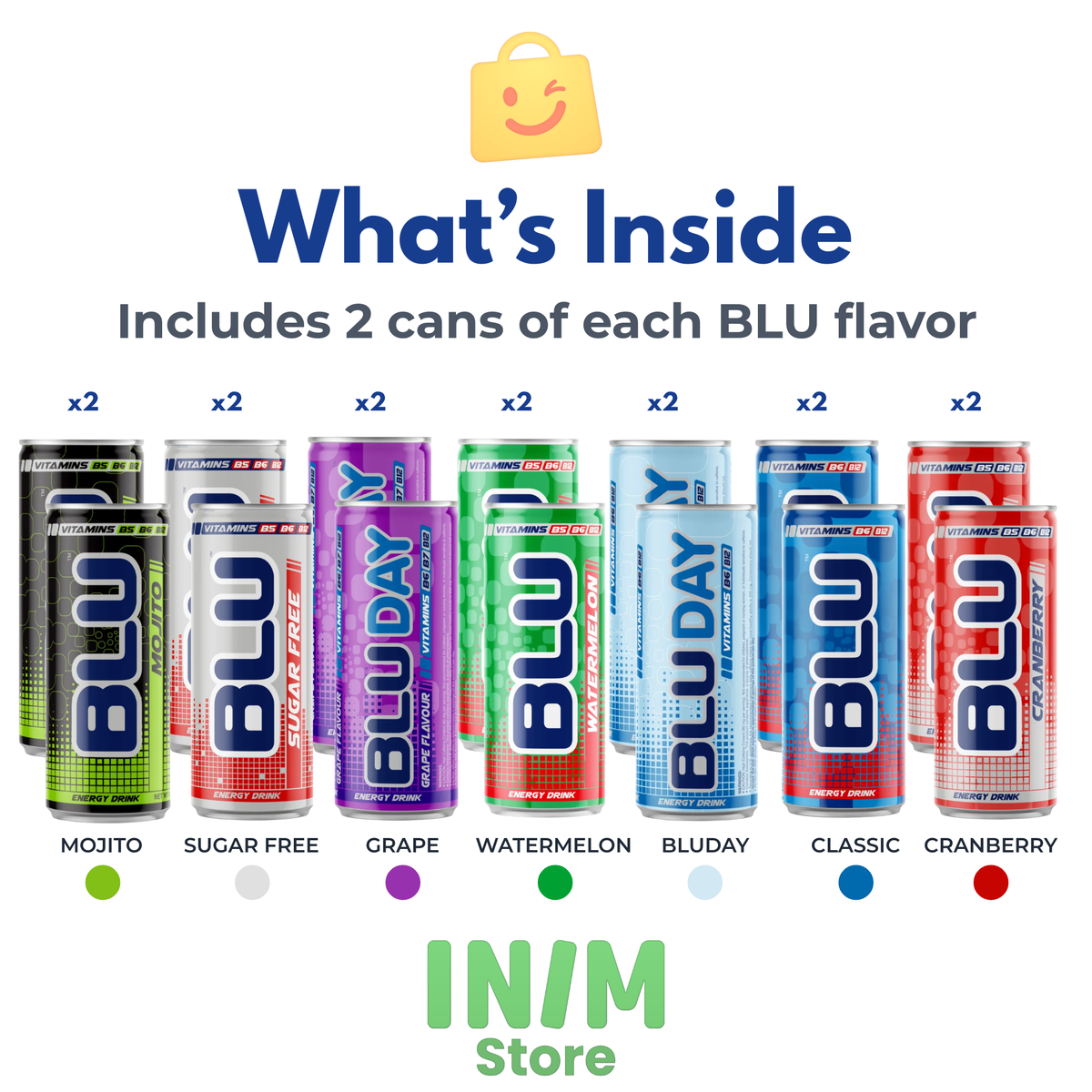 BLU Variety Pack Energy Drink – 14 Slim Cans, 7 Flavors, 2 Cans of Each, 8.4 fl oz (250 mL)