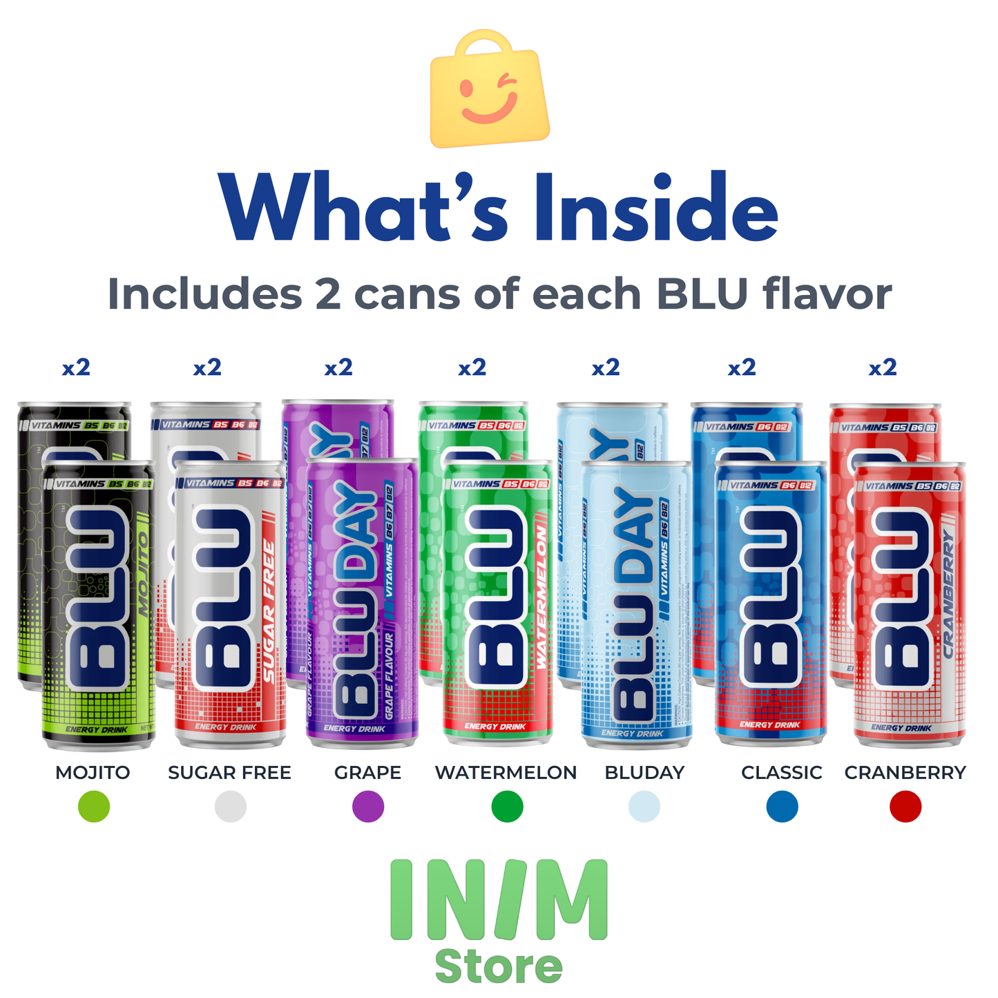 BLU Variety Pack Energy Drink – 14 Slim Cans, 7 Flavors, 2 Cans of Each, 8.4 fl oz (250 mL)
