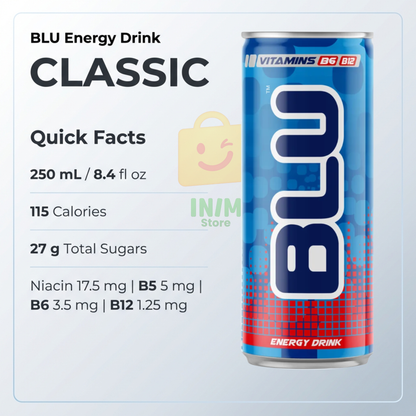 BLU Variety Pack Energy Drink – 14 Slim Cans, 7 Flavors, 2 Cans of Each, 8.4 fl oz (250 mL)