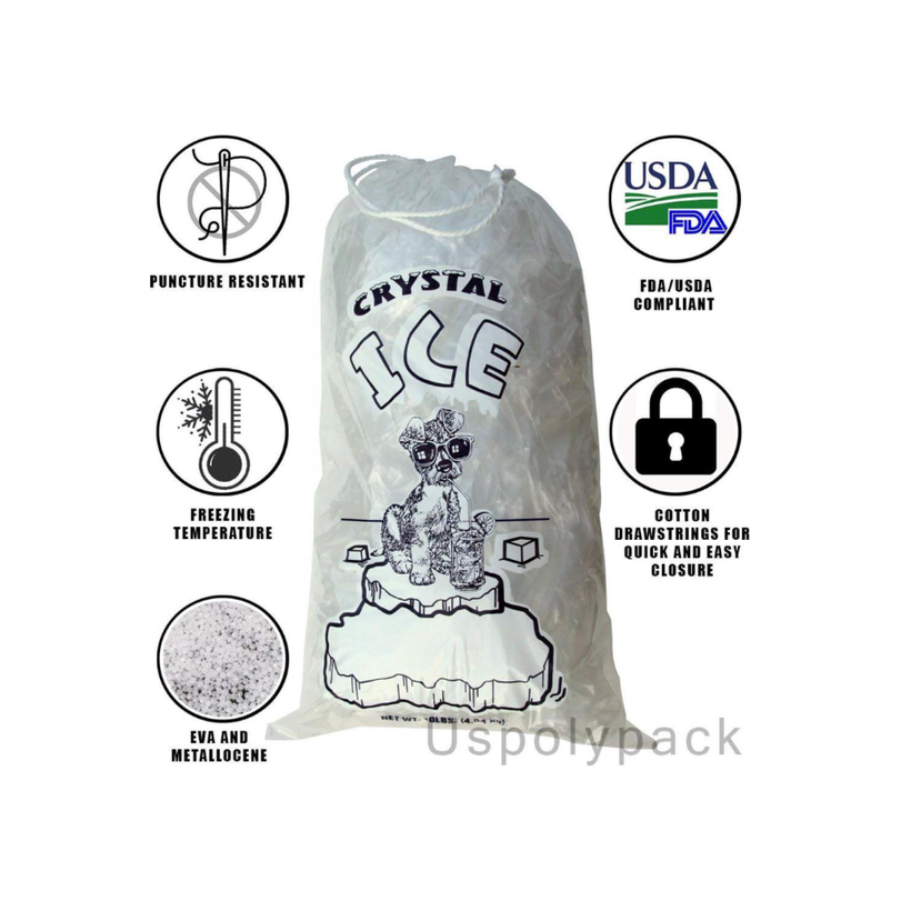 10 lbs Crystal Drawstring Ice Bags - 100 Count per Case