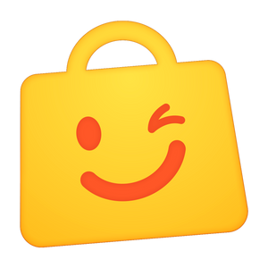 Yellow shopping bag with a red smiley face on a white background