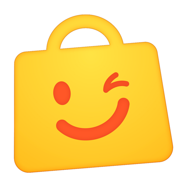 Yellow shopping bag with a red smiley face on a white background